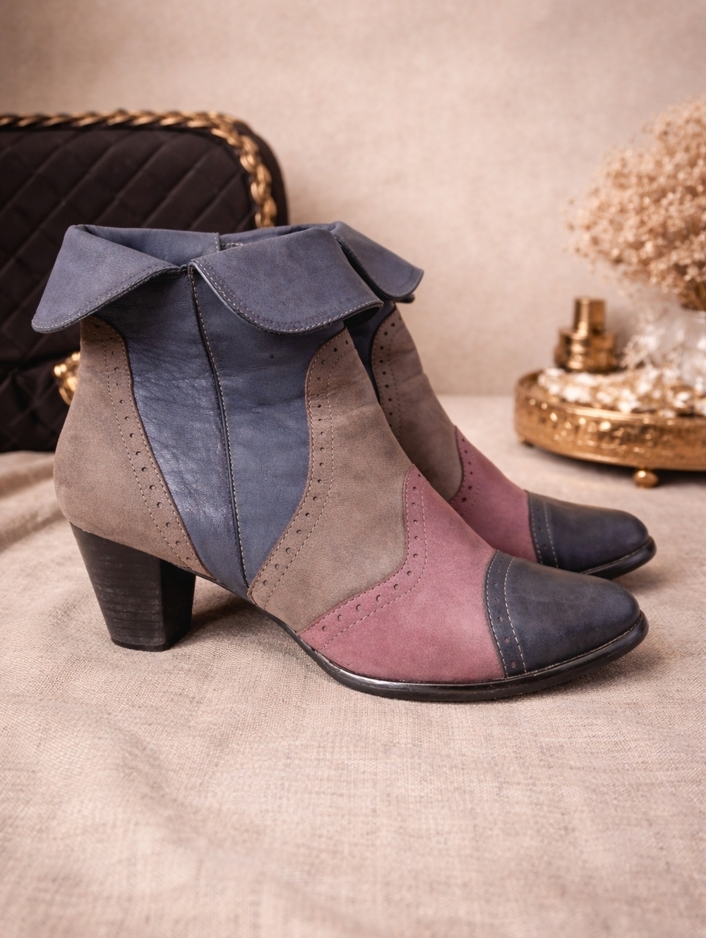 Everybody by BZ Moda Colorblock Leather Ankle Boots Size 38 Foldover Zip Heeled